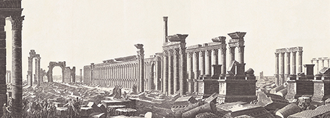 Featured in <a href='/research/exhibitions_events/exhibitions/palmyra/index.html'><em>Legacy of Ancient Palmyra</em></a>. Image: Colonnade Street featuring bases of Tetrapylon in foreground (detail), anonymous artist after Louis-François Cassas, ca. 1799. Proof-plate etching. The Getty Research Institute, 840011 Frequently Asked Questions