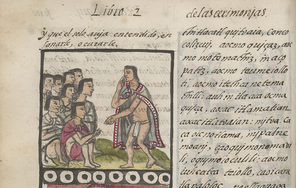 A manuscript page with an image of a man talking to a group of people on the left, and calligraphy text on the right.