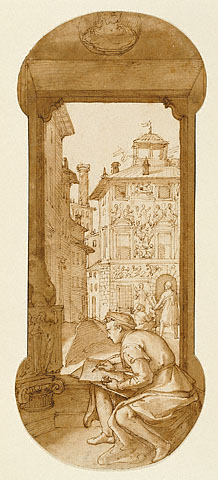 Taddeo Drawing after the Antique; In the Background Copying a Facade by Polidoro / F. Zuccaro