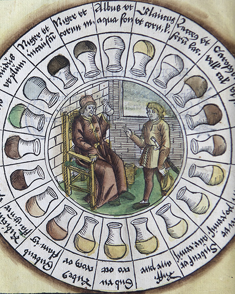 Doctor Examining a Flask before a Patient within a Uroscopy Wheel (detail), from To Judge the Color of Urine (and of the Pulse), 1494, unknown artist. History and Special Collections Division for the Sciences, UCLA Library Special Collections