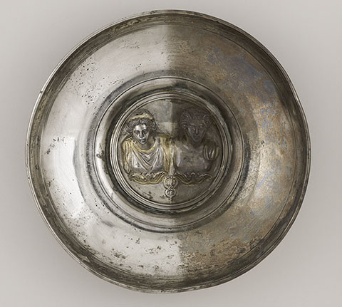 Offering Bowl with a Medallion of Mercury and Maia or Rosmerta, Roman, A.D. 150-225; silver and gold