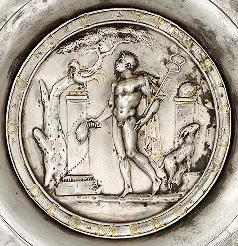 Offering Bowl with a Medallion of Mercury in a Rural Shrine (detail), Roman, A.D. 175-225; silver and gold