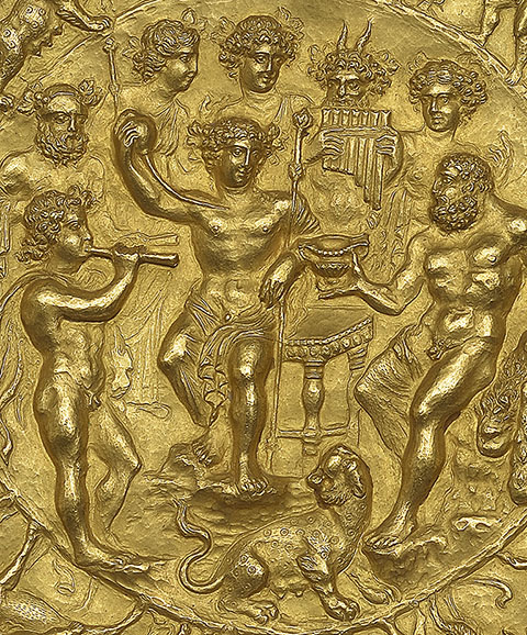 Offering Bowl with Bacchus, Hercules, and Coins (detail), Roman, about A.D. 210; gold