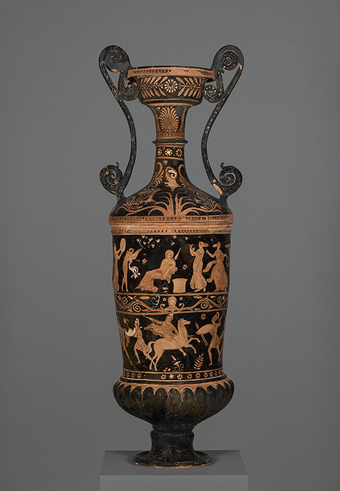 Funerary Vessel, South Italian, from Apulia, 350-325 B.C., terracotta red-figured loutrophoros attributed to the Darius Painter