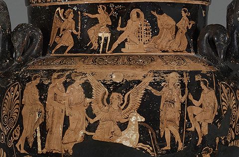 Funerary Vessel (detail), South Italian, from Apulia, about 350 B.C., terracotta red-figured volute krater associated with the Iliupersis Painter