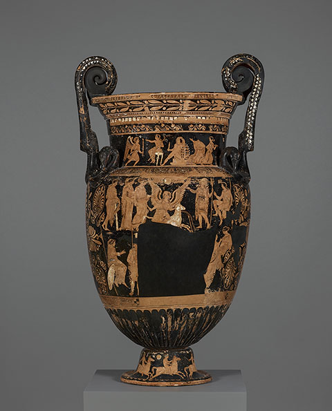 Funerary Vessel, South Italian, from Apulia, about 350 B.C., terracotta red-figured volute krater associated with the Iliupersis Painter