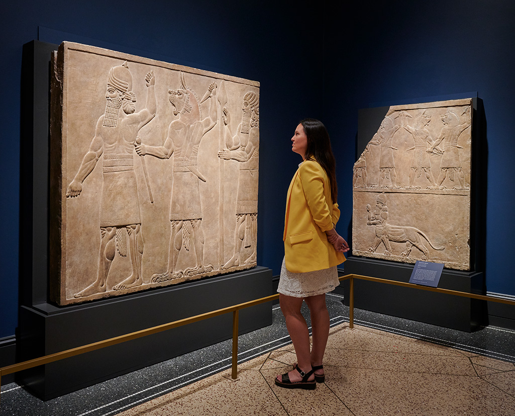 Gallery view: on the right, Protective Spirits, Assyrian, 645–640 BC, Nineveh, North Palace, reign of Ashurbanipal, gypsum. British Museum, London 1856,0909.25, 1856, and on the left, Protective Spirits, Assyrian, 645–640 BC, Nineveh, North Palace, reign of Ashurbanipal, gypsum. British Museum, London, 1856,0909.27, 1856.