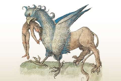 Griffin (detail) from Book of Flowers (text in Latin), French and Belgian, 1460; artist unknown, author, Lambert, canon of Saint Omer. The Hague, Koninklijke Bibliotheek, National Library of the Netherlands, Ms. 72 A 23, fol. 46