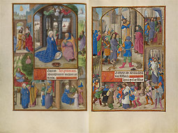 The Nativity (left) and Christ before Caiaphas (right) / Master of the Dresden Prayer Book