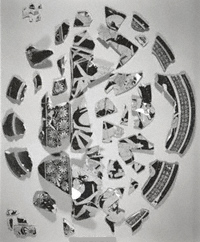 black and white photograph of the krater's fragments