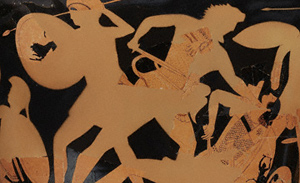Simple terracotta silhouettes of Herakles and warriors painted on the restored vase by conservators