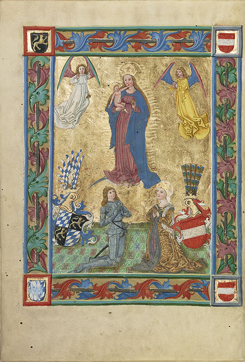Duke Albrecht IV the Wise and His Wife Kunigunde of Austria Adoring the Virgin, from World Chronicle, Regensburg, about 1400-1410, with addition in 1487. The J. Paul Getty Museum