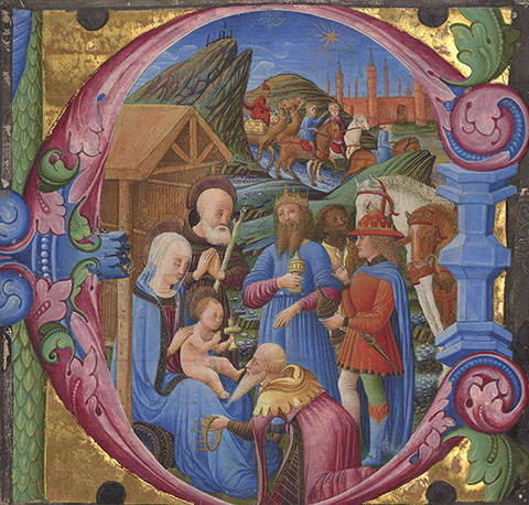 Initial E: The Adoration of the Magi, cutting from a choir book, The Veneto, Franco dei Russi, about 1470s. The J. Paul Getty Museum 