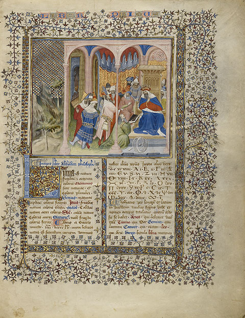 Alchandreus Presents His Work to a King, from Book of the Philosopher Alchandreus, Paris, Virgil Master, about 1405