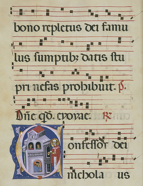 Initial C: St. Nicholas (detail), antiphonal, Bologna, Master of Gerona, late 1200s. The J. Paul Getty Museum 