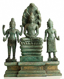 Naga-Protected Buddha with Avalokiteshvara and Prajnaparamita / Cambodian, Angkor period
