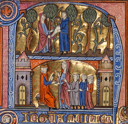 Initial N: A Man Emptying a Money Purse into a Woman's Mantle / Spanish