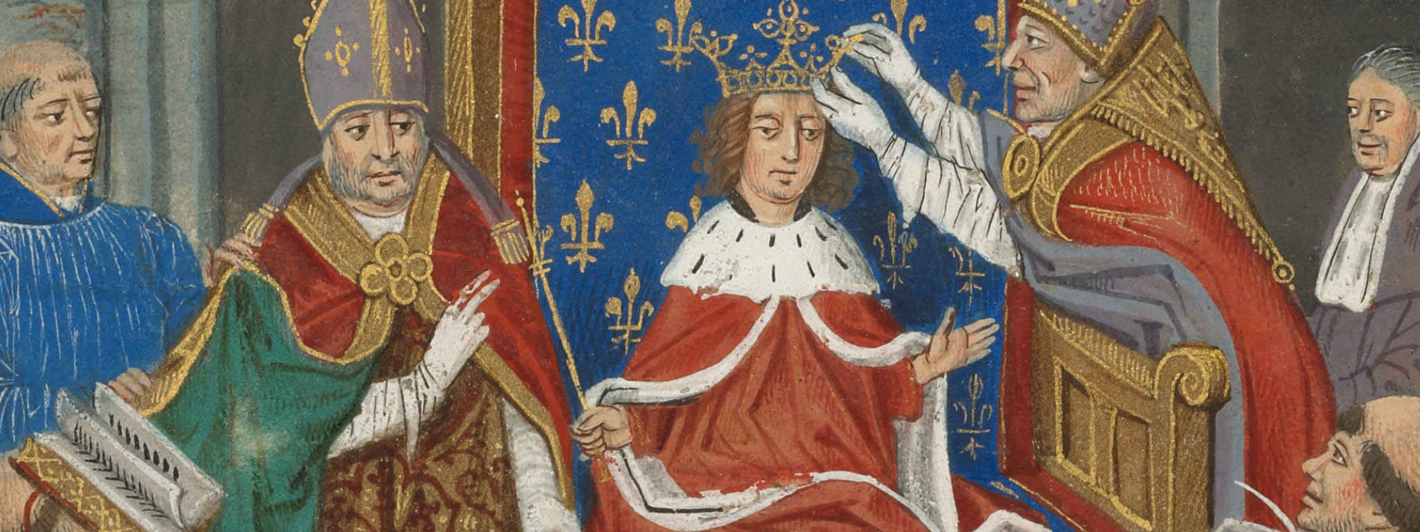 The Coronation of Pepin (detail), cutting from the History of Charles Martel (text in French), Bruges, 1467–72, Loyset Liédet. The J. Paul Getty Museum