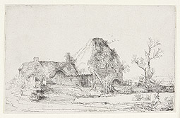 Cottage and Farm Buildings with a Man Sketching / Rembrandt