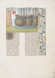 Manuscript page with a miniature showing French knights on wooden ships