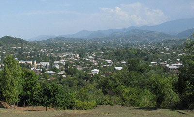View of mountains and buildings in present-day Vani, Republic of Georgia