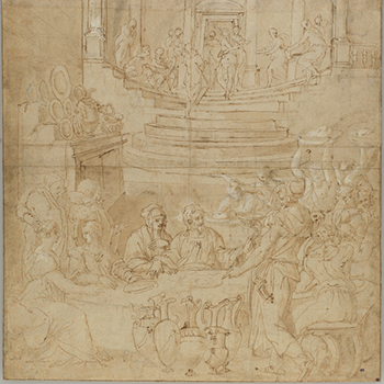 Renaissance drawing of several people sitting around a banquet table