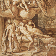 Drawing of a nude mand and woman reclining on a bed with nude angels above and cupids below