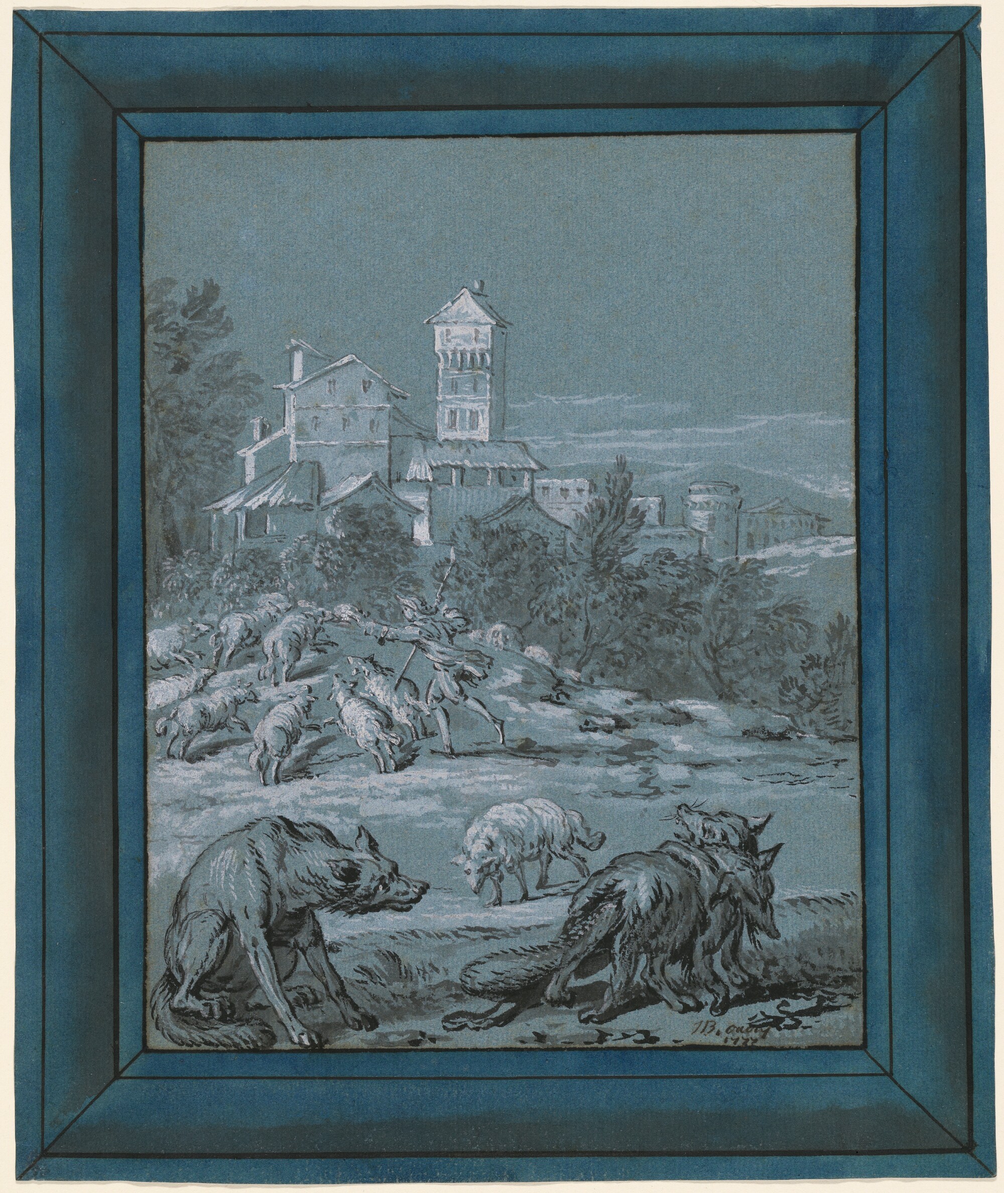 Water color painting on blue paper depicting a robed man herding sheep into a large building away from wolves.