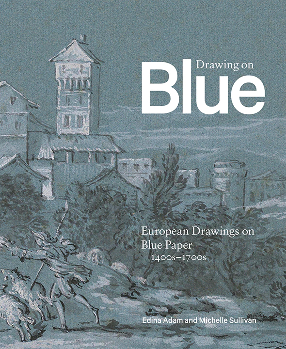 Book cover with a black and white watercolor landscape detail on blue paper