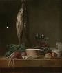 Still Life with Fish, Vegetables, Gougères, Pots, and Cruets on a Table / Chardin