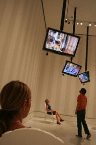 Visitors interact with Nicole Cohen's installation at the Getty Center