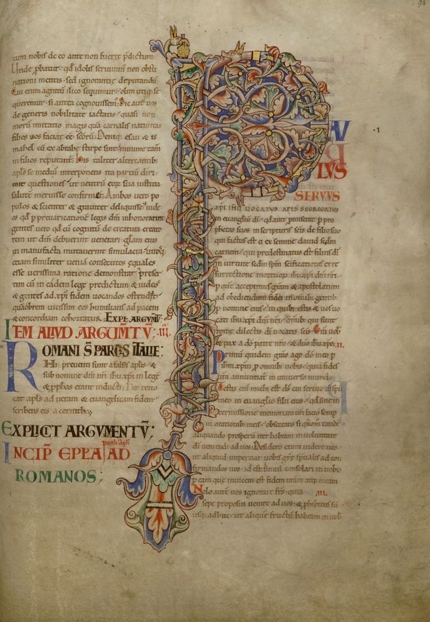 Initial of green, blue, orange-red, and burnished-gold foliate ornament extending the full height of the introduced column of script.