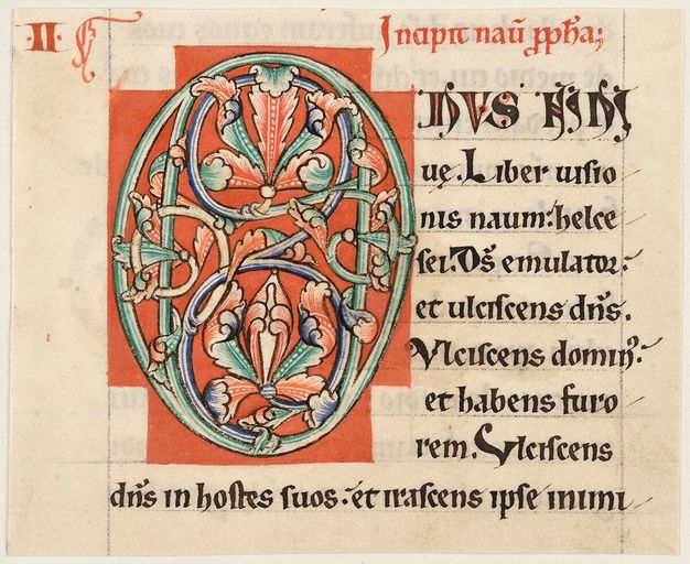 A green initial filled with foliate ornament in blue and orange-red, within a cruciform red background.