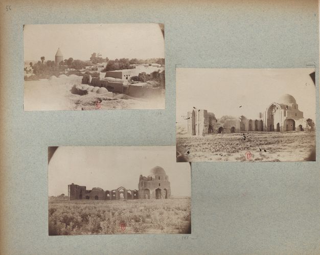 Flat, blue-gray double-page spread of an album with three views (left) and two photographs of a building (right).