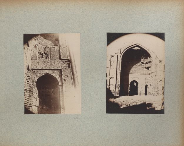 Flat, blue-gray double-page spread of an album with three views (left) and two photographs of a building (right).