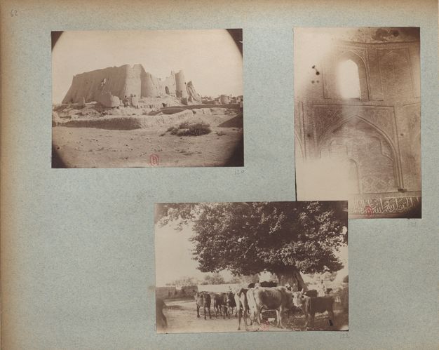 Flat, blue-gray double-page spread with three photographs (left) and three views of a conically-roofed brick tower (right).