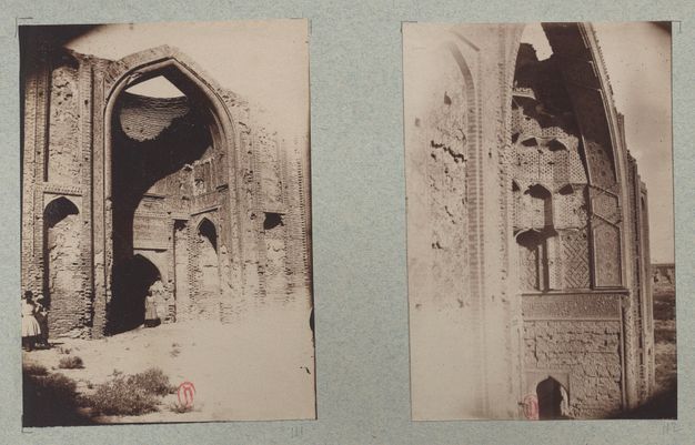 A blue-gray album page with two photographs showing a tall arch (left) and an oblique view of another arch (right).
