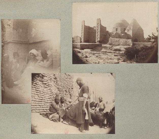 A blue-gray album page showing a domed tomb complex (upper right), men seated against a wall (left), and men with animals (bottom center).