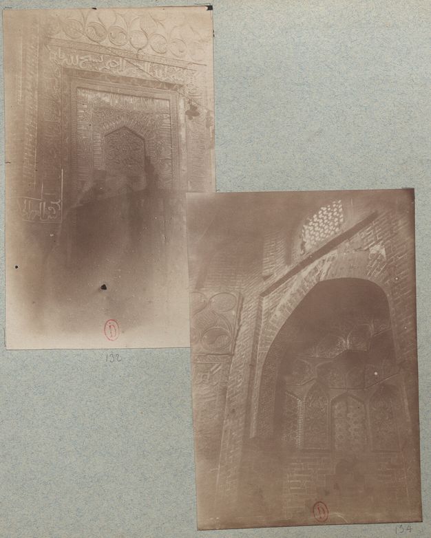 A blue-gray album page with photographs showing stucco and luster tiles on a wall (left) and within an arch (right).
