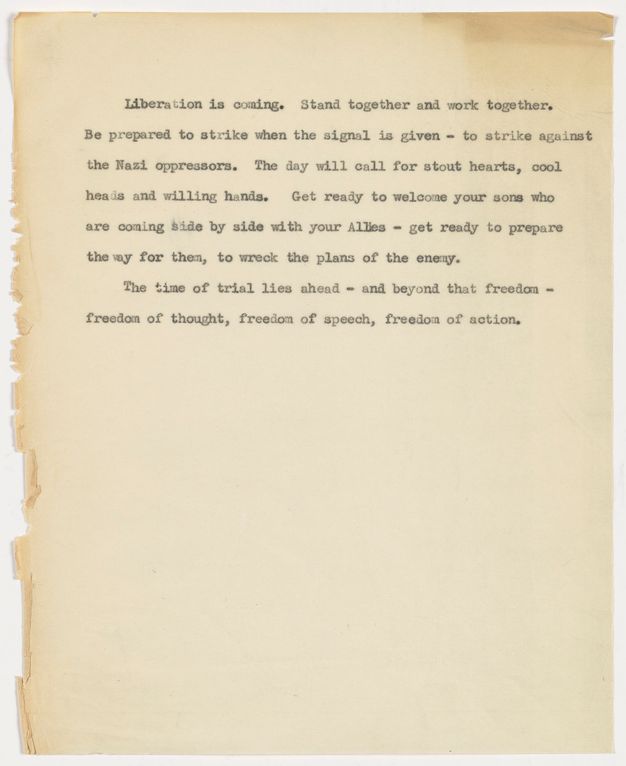 Yellowed page bearing eight lines of text about defeating Nazi oppressors in the name of freedom.
