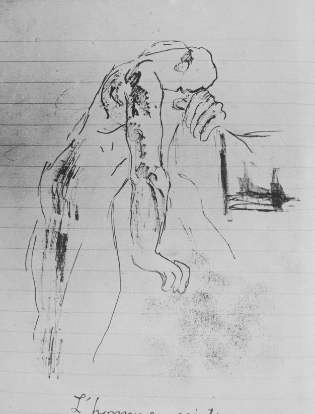 Pen drawing on ruled paper showing a standing nude in profile resting his head on his hand.
