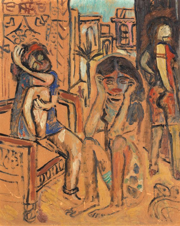 Three women in short dresses and bare arms, painted with black outlines and heavy strokes of color, in an alley in Baghdad.