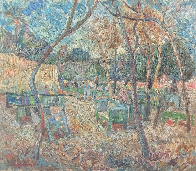 Impasto brushwork depicting a garden setting with benches, trees, and distant figures, in a blue, green, brown, and ocher palette.