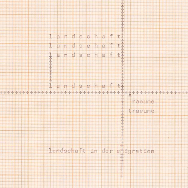 Faded red-lined graph paper showing typed words of the poem arranged around an axis of plus signs.