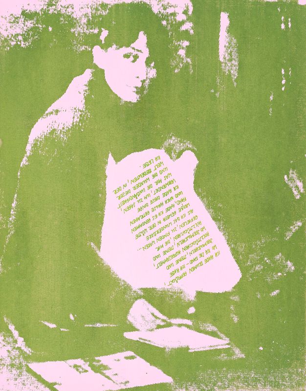 Green-on-pink duotone print shows a woman kneeling, the green text on her skirt area legible from her perspective.
