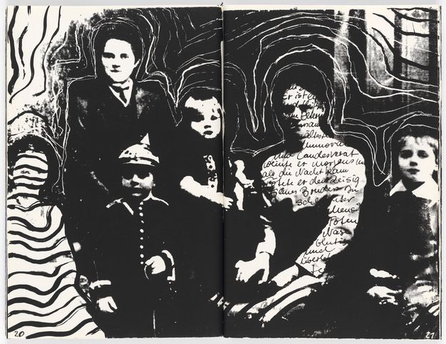 Black and white spread showing a family portrait with six sitters and variously obscuring lines.