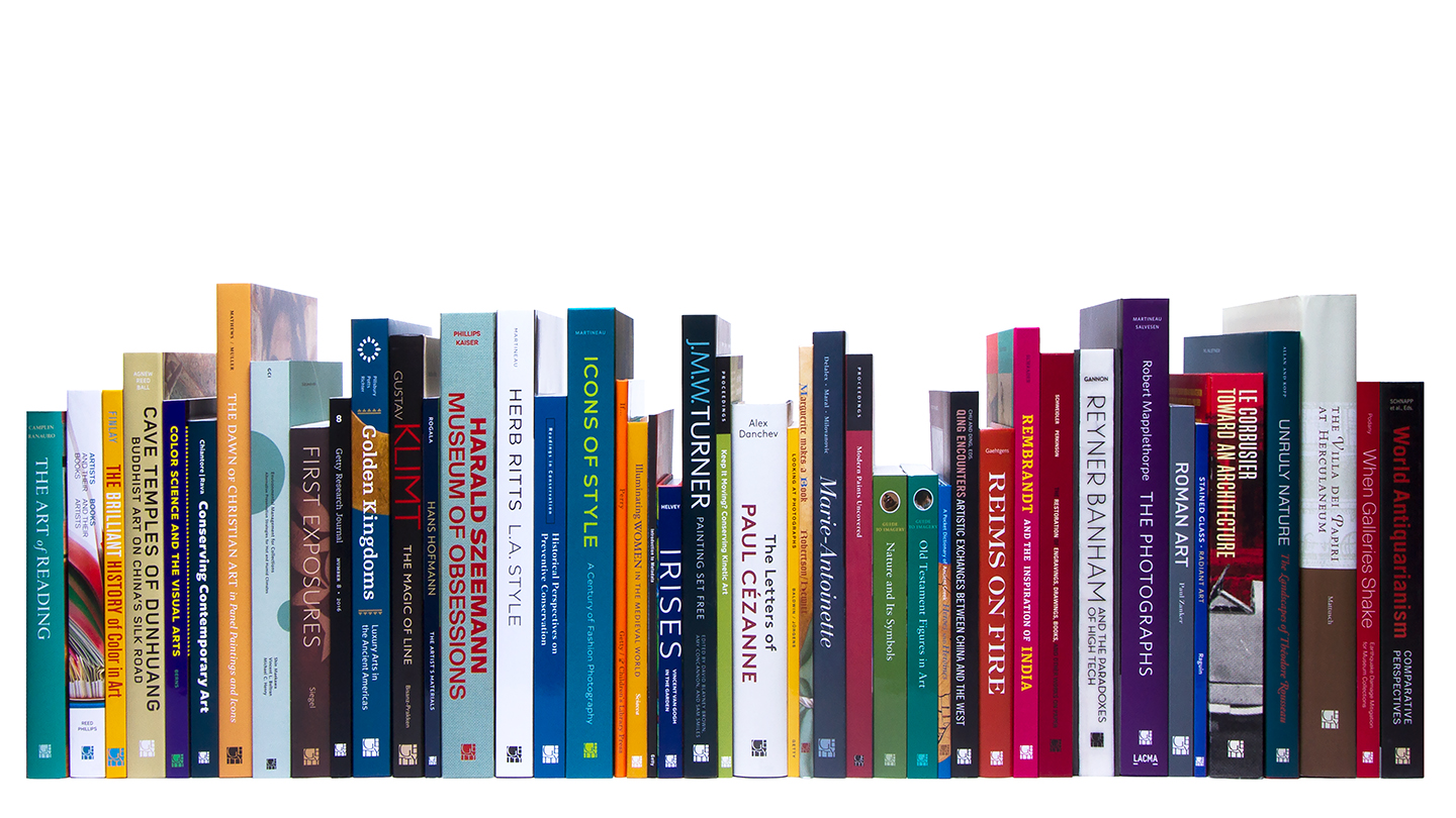 row of 30 Getty books with spines facing out