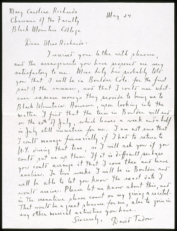 Tudor / Letter to Mary Caroline Richards about his first visit to Black Mountain College