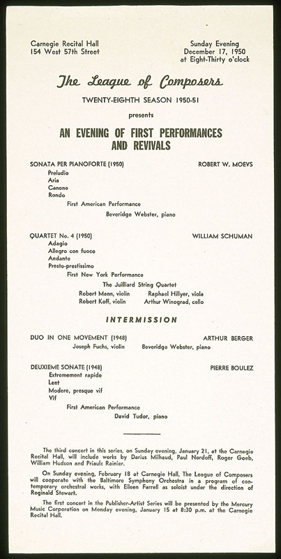 Program for a recital by David Tudor and others in New York City