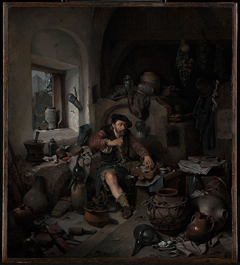 Oil painting of an alchemist sitting in a dark and dingy workshop making synthetic cinnabar